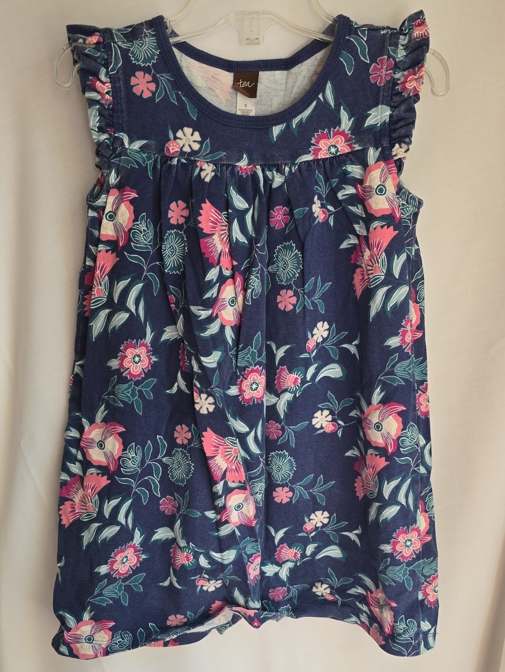 Tea Collection Navy Floral Ruffle Sleeve Dress with Pink & Teal Flowers